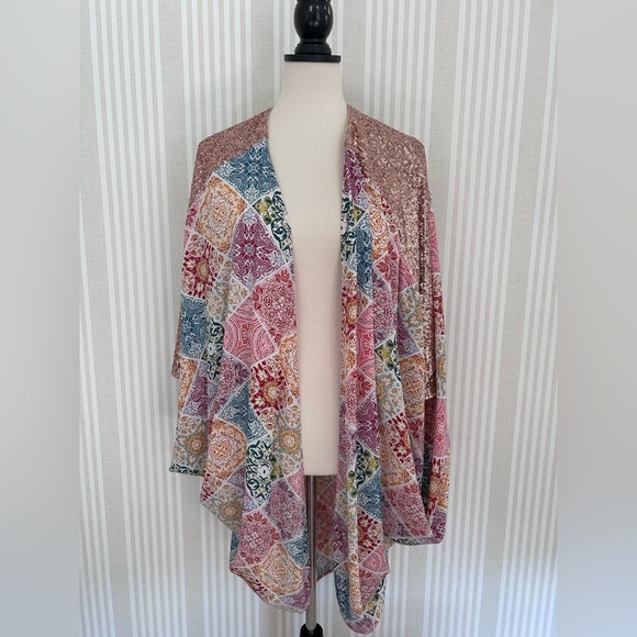 Anthropologie White & Pink Draped Kimono Shawl Paisley & Sequins 1 Size NEW - Picture 2 of 6
